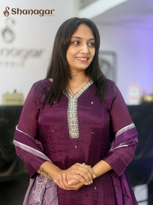 Purple Embroidered Kurta Palazzo Set with Dupatta
