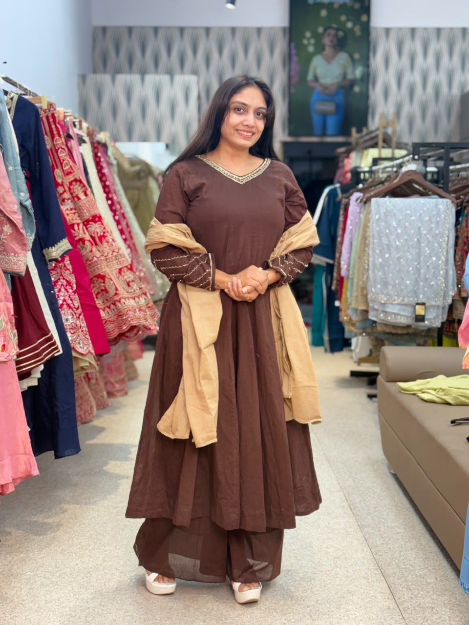 Brown Kurta Palazzo Set with Beige Dupatta