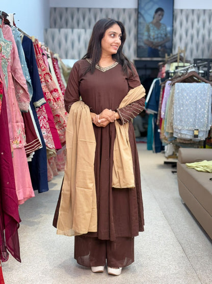 Brown Kurta Palazzo Set with Beige Dupatta