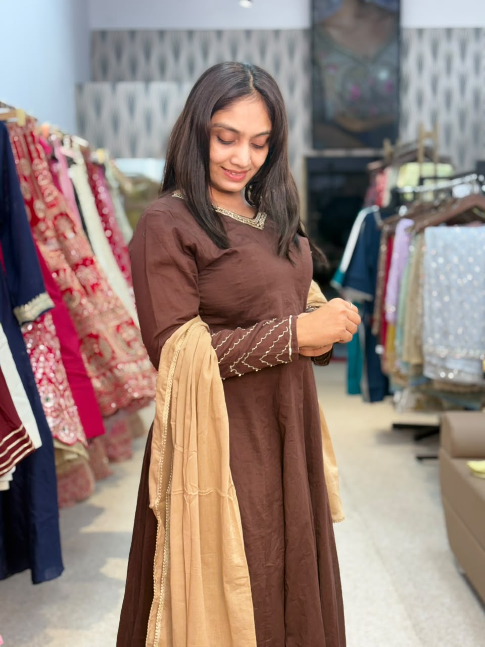 Brown Kurta Palazzo Set with Beige Dupatta