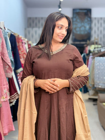 Brown Kurta Palazzo Set with Beige Dupatta