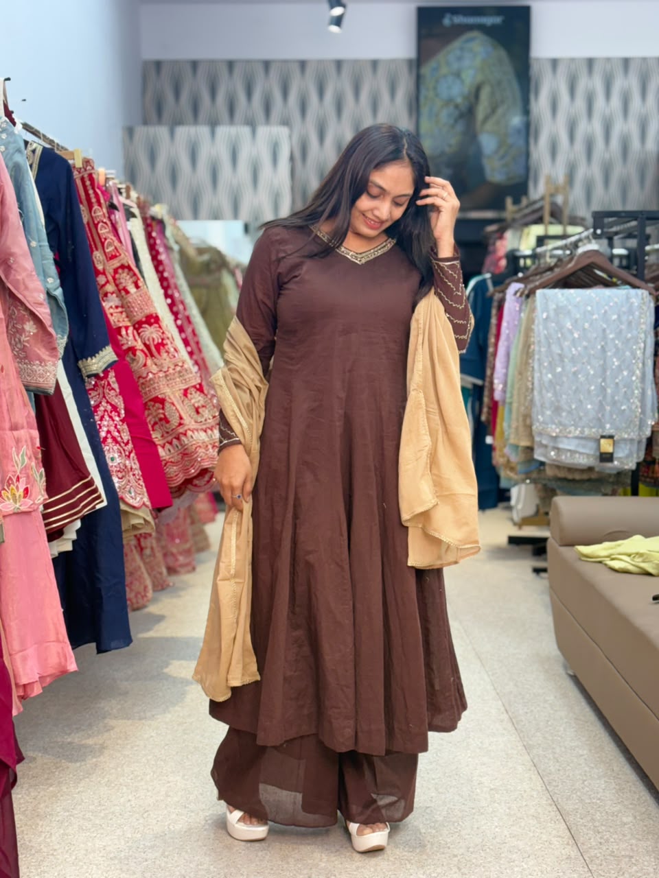 Brown Kurta Palazzo Set with Beige Dupatta
