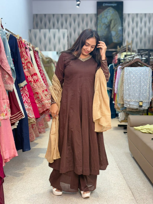 Brown Kurta Palazzo Set with Beige Dupatta