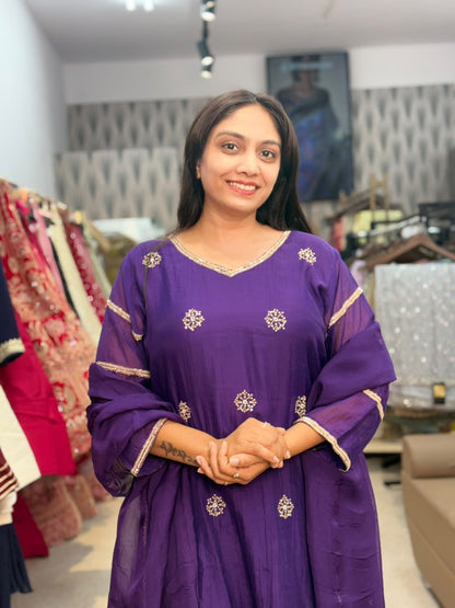 Royal Purple Embroidered Suit with Palazzo & Dupatta