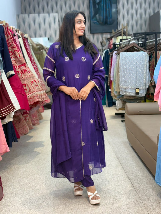 Royal Purple Embroidered Suit with Palazzo & Dupatta