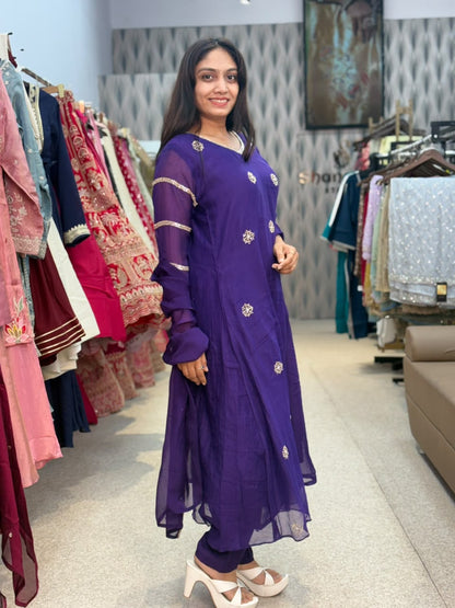 Royal Purple Embroidered Suit with Palazzo & Dupatta