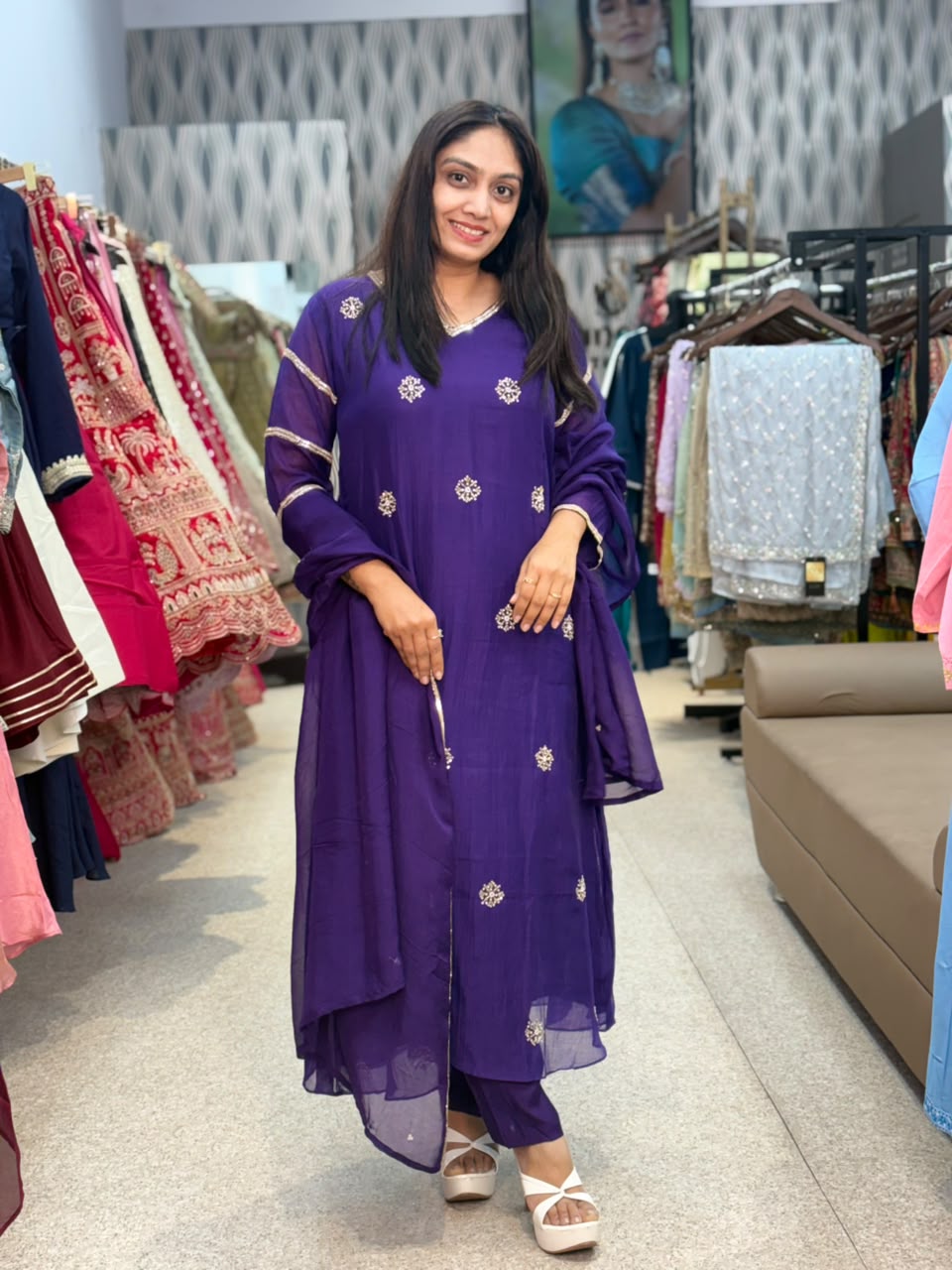 Royal Purple Embroidered Suit with Palazzo & Dupatta