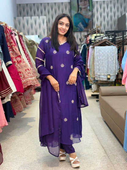 Royal Purple Embroidered Suit with Palazzo & Dupatta