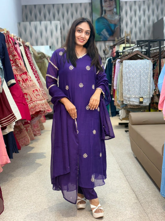 Royal Purple Embroidered Suit with Palazzo & Dupatta