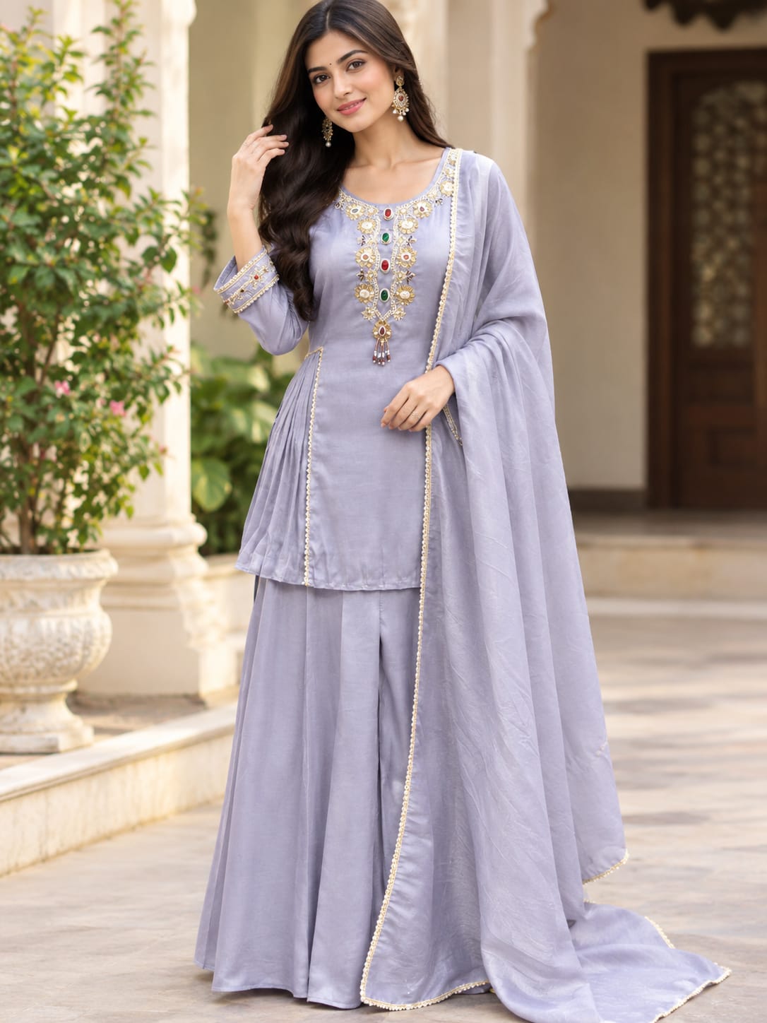 Elegant Lavender Embroidered Sharara Suit Set with Dupatta
