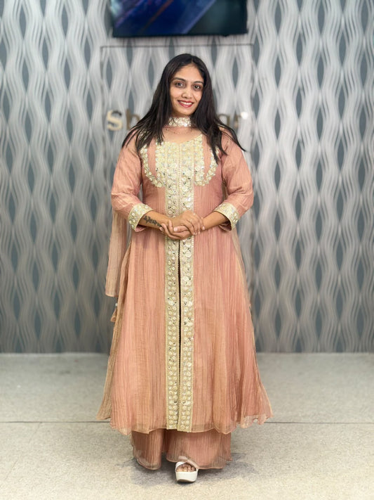 Peach Pink Embroidered Anarkali Suit Set with Palazzo & Dupatta