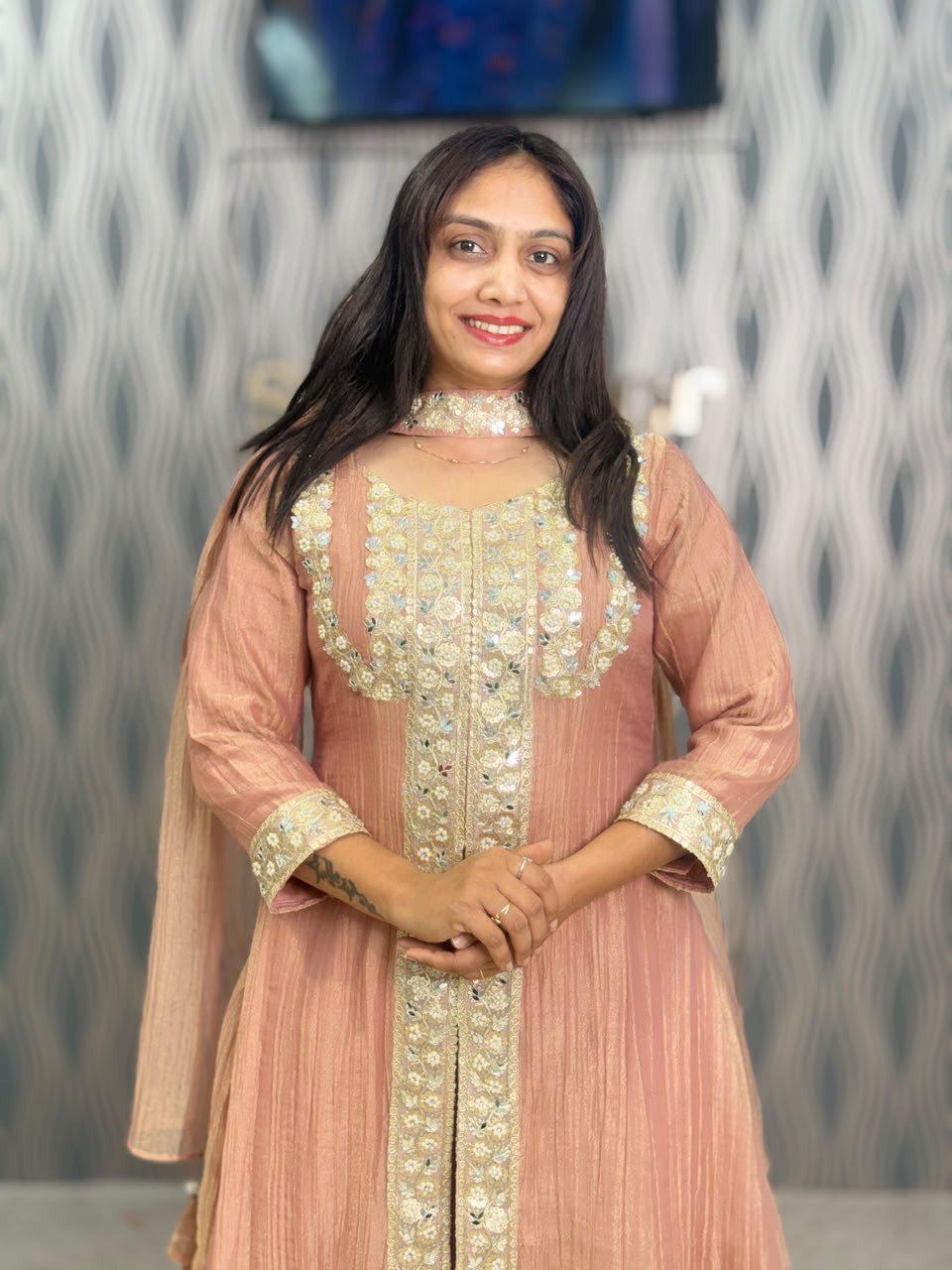 Peach Pink Embroidered Anarkali Suit Set with Palazzo & Dupatta