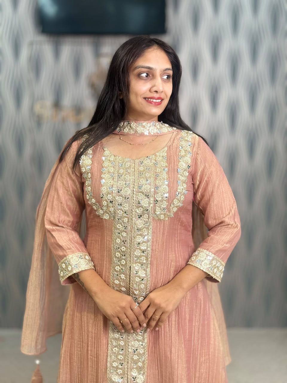 Peach Pink Embroidered Anarkali Suit Set with Palazzo & Dupatta
