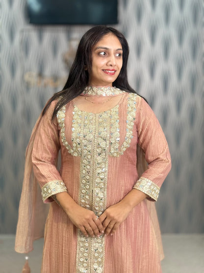 Peach Pink Embroidered Anarkali Suit Set with Palazzo & Dupatta