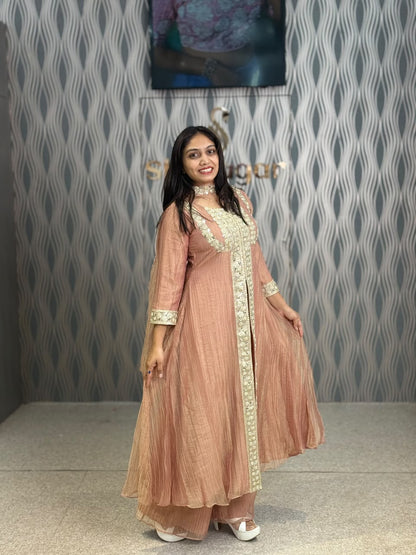 Peach Pink Embroidered Anarkali Suit Set with Palazzo & Dupatta
