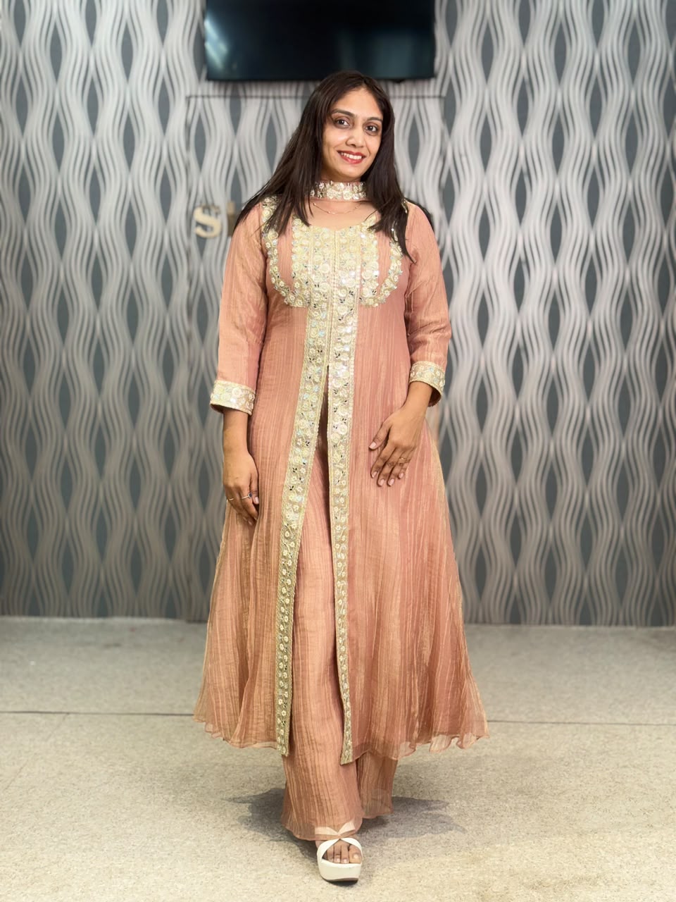Peach Pink Embroidered Anarkali Suit Set with Palazzo & Dupatta