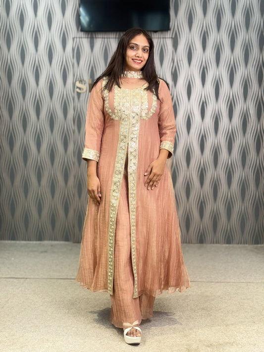 Peach Pink Embroidered Anarkali Suit Set with Palazzo & Dupatta