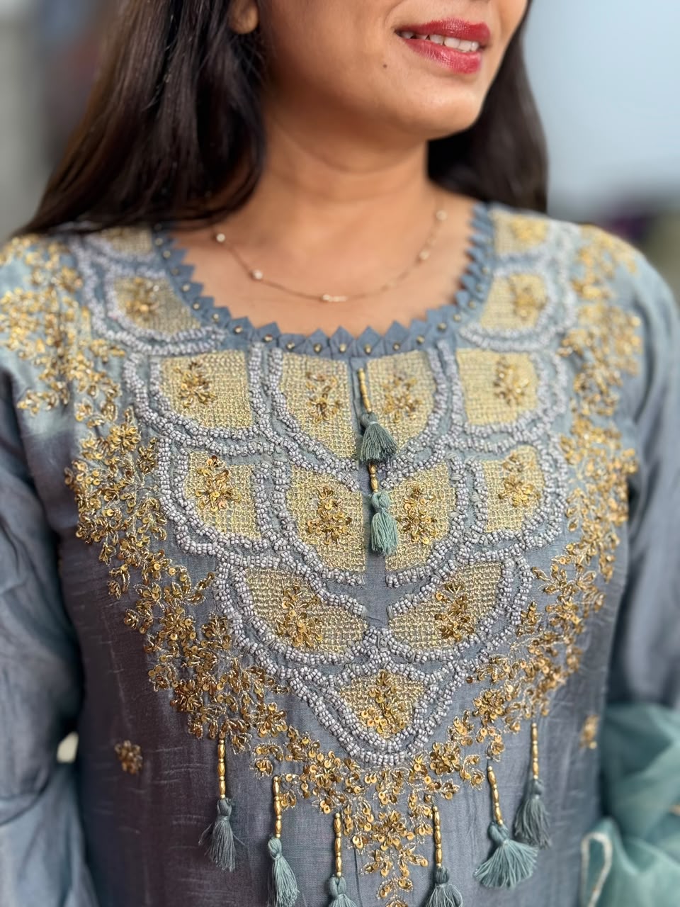 Grey Blue Embroidered Suit Set with Matching Pants & Dupatta