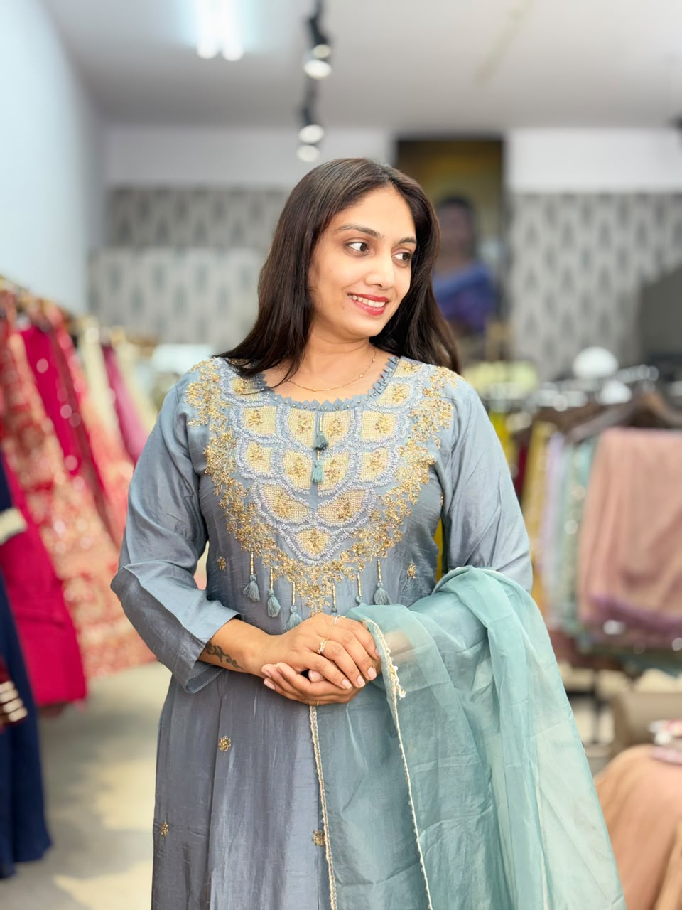Grey Blue Embroidered Suit Set with Matching Pants & Dupatta