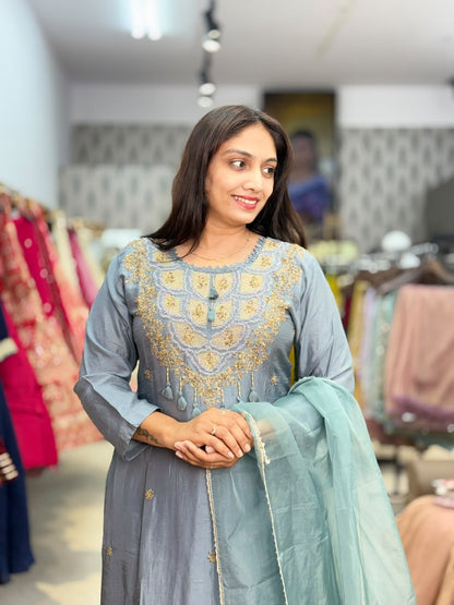 Grey Blue Embroidered Suit Set with Matching Pants & Dupatta