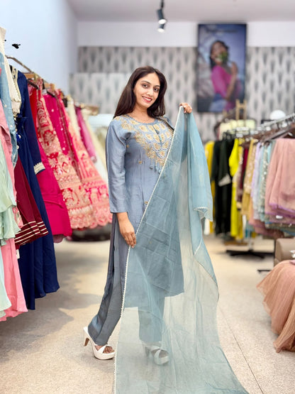 Grey Blue Embroidered Suit Set with Matching Pants & Dupatta