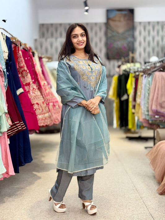 Grey Blue Embroidered Suit Set with Matching Pants & Dupatta
