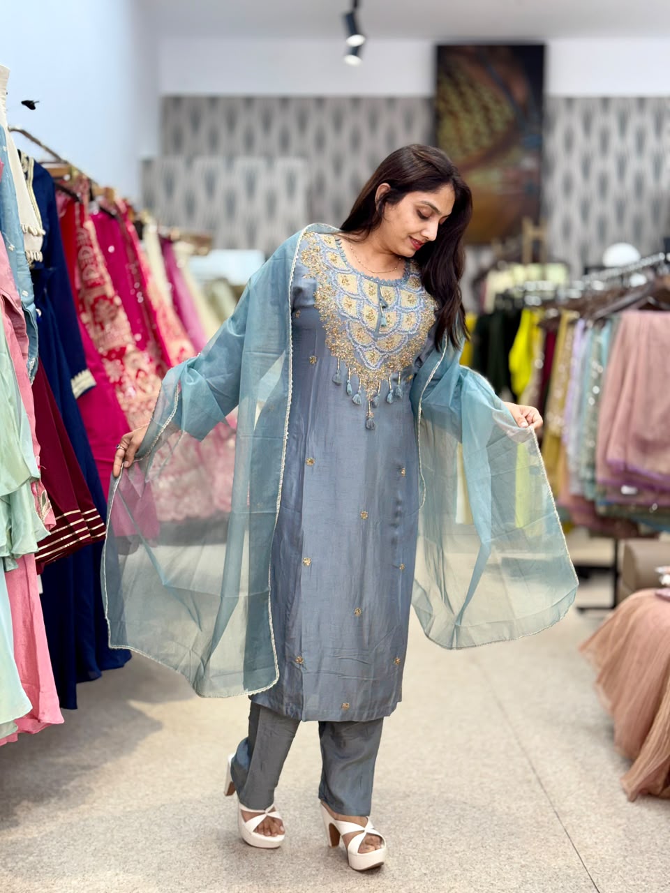 Grey Blue Embroidered Suit Set with Matching Pants & Dupatta