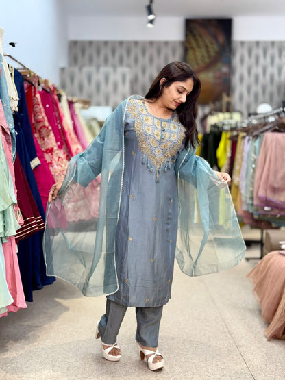 Grey Blue Embroidered Suit Set with Matching Pants & Dupatta