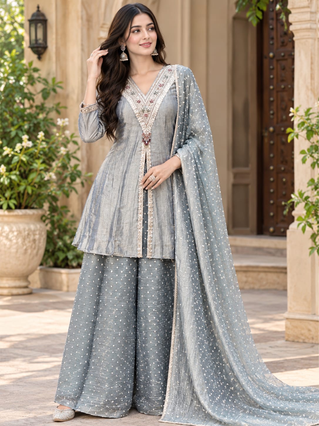 Elegant Steel Grey Embroidered Sharara Suit Set with Dupatta