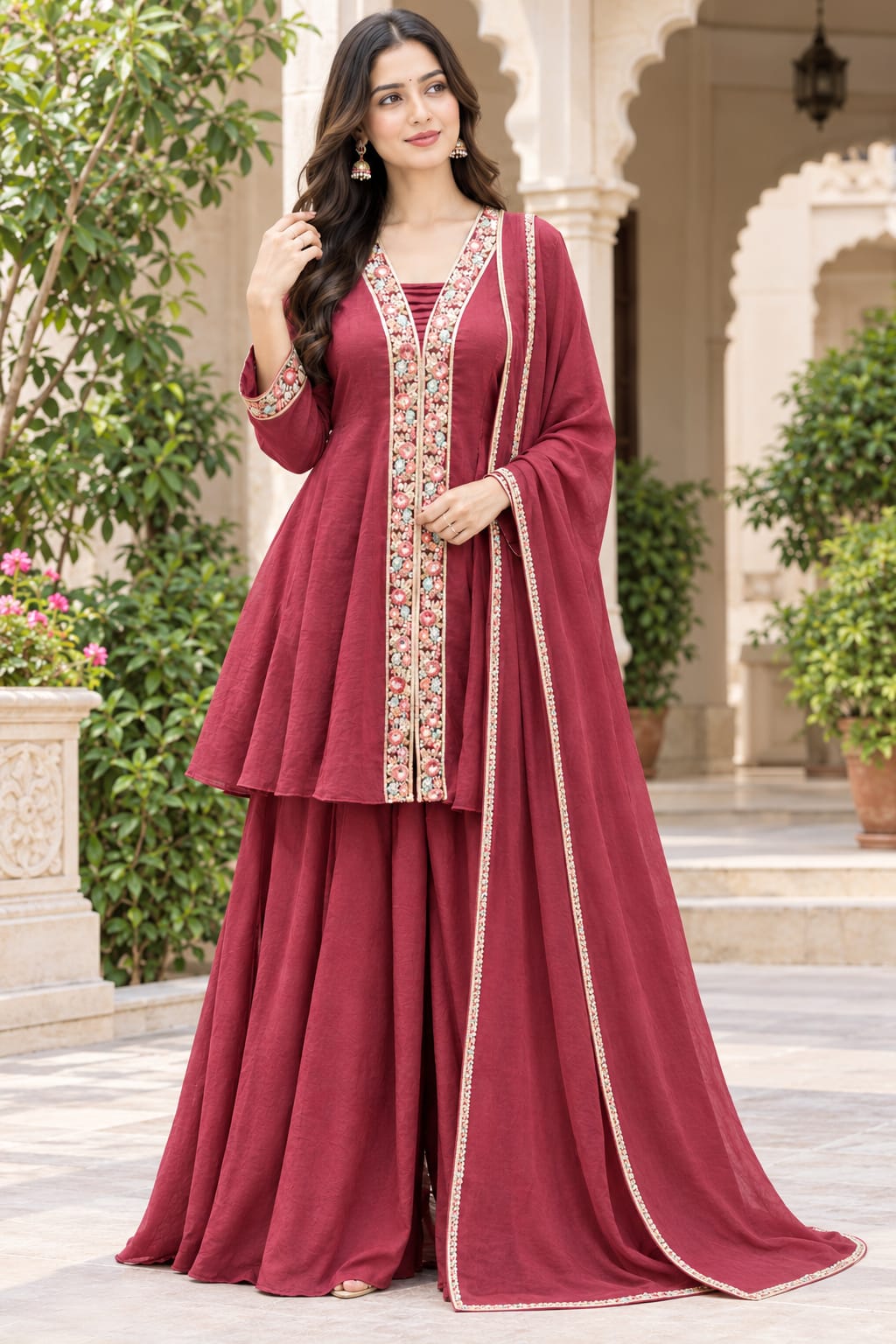 Elegant Wine Red Embroidered Sharara Suit Set with Dupatta