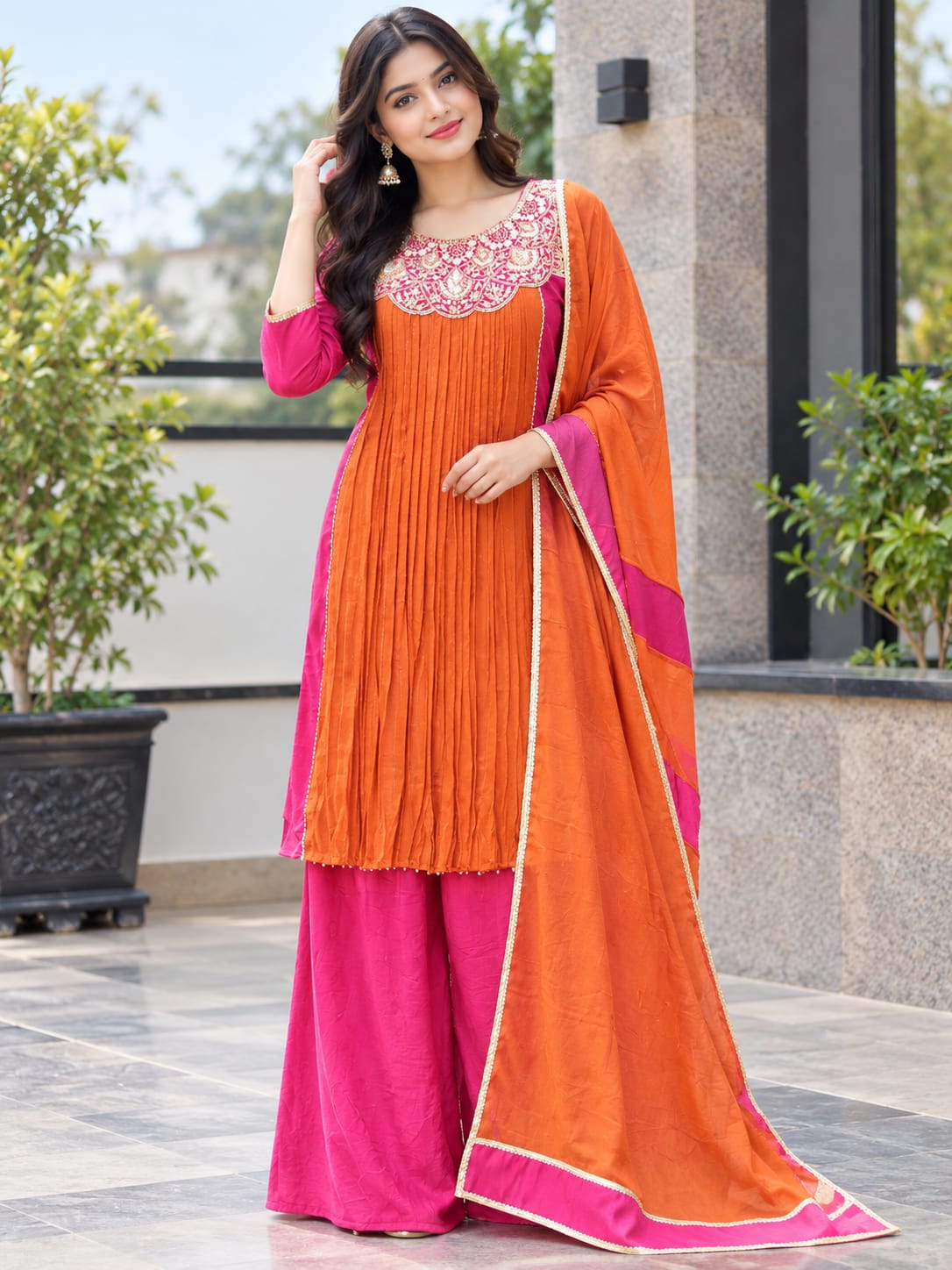 Orange & Pink Pleated Anarkali Suit Set with Embroidered Neckline and Dupatta