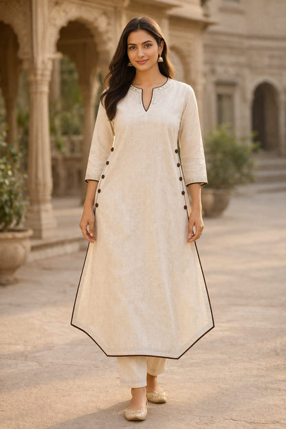 Linen Cotton A-Line Kurti with Side Button Detailing