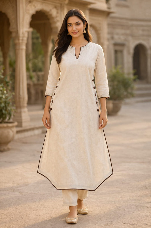 Linen Cotton A-Line Kurti with Side Button Detailing