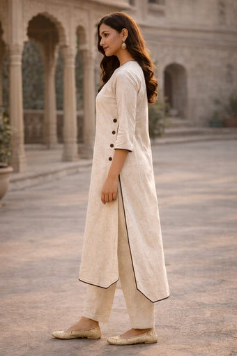 Linen Cotton A-Line Kurta with Side Button Detailing