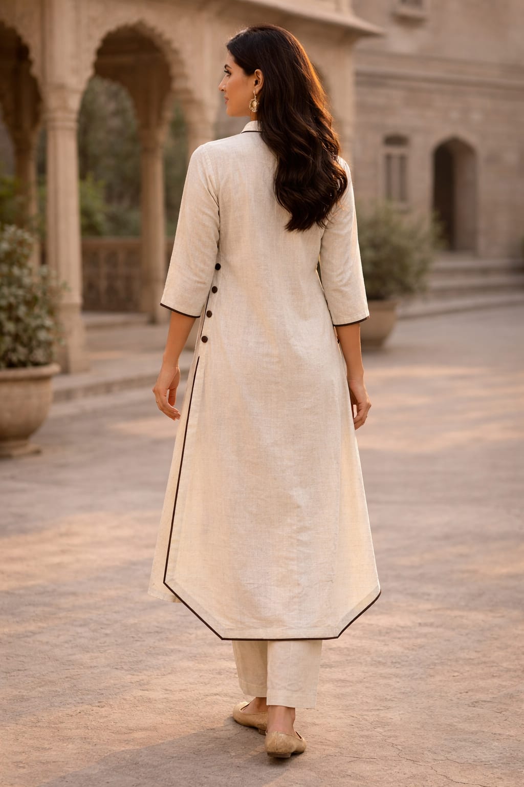 Linen Cotton A-Line Kurta with Side Button Detailing
