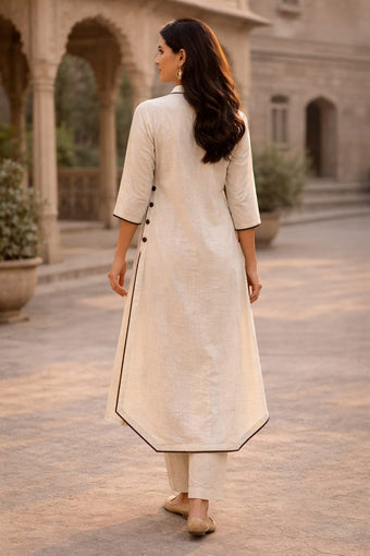 Linen Cotton A-Line Kurta with Side Button Detailing