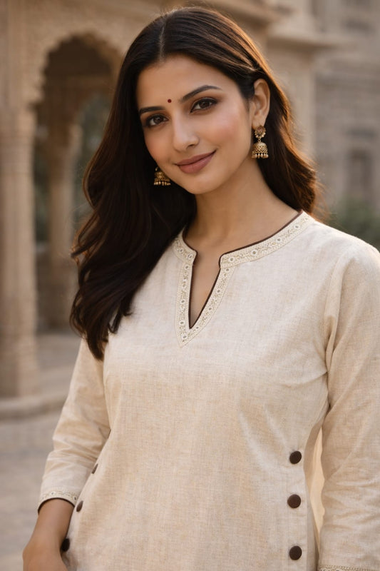 Linen Cotton A-Line Kurti with Side Button Detailing