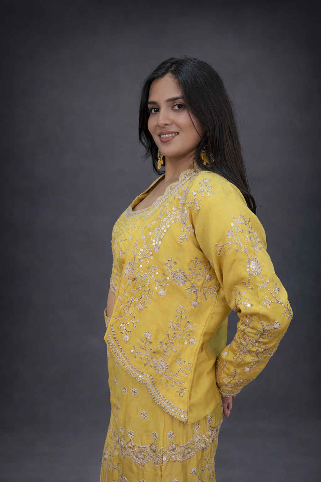Mustard yellow silk jacket style palazzo suit