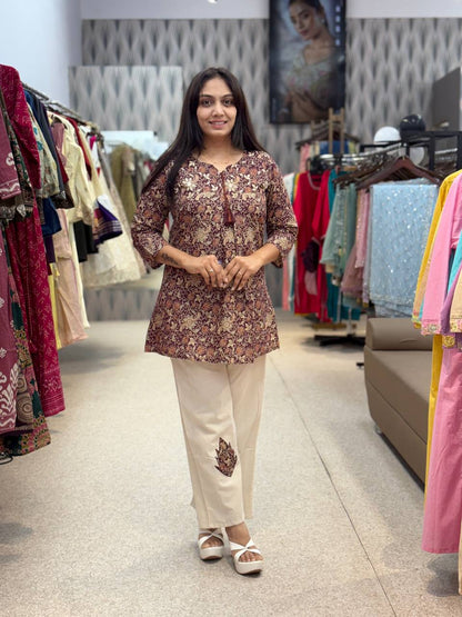 Maroon Floral Printed Tunic with White Straight Pants