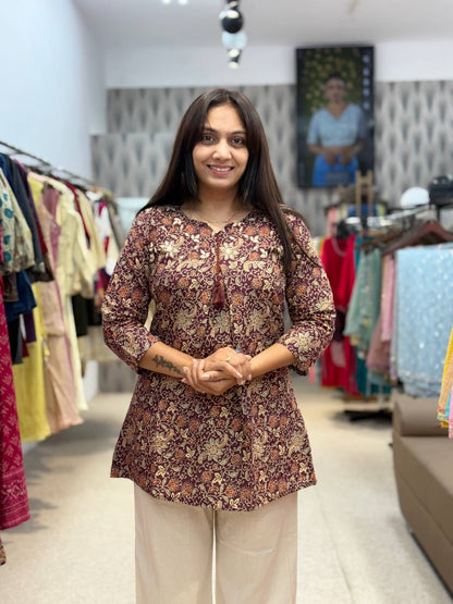 Maroon Floral Printed Tunic with White Straight Pants